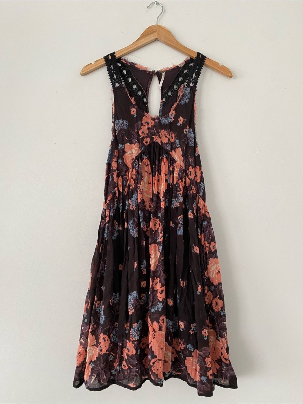 Free People Burgundy & Coral Floral Open Back Babydoll Dress Sz M Lace Boho Chic - Picture 6 of 14